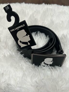 Karl Lagerfeld Black Belt with White Logo Plaque